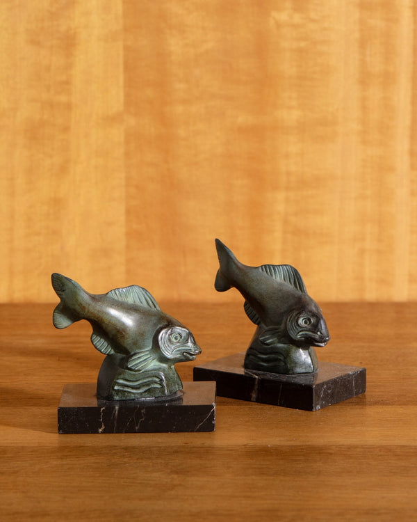 Art Deco Bronze & Marble Fish Bookends, France, 1930's - Lone Fox
