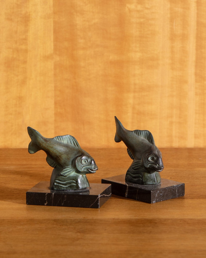 Art Deco Bronze & Marble Fish Bookends, France, 1930's - Lone Fox