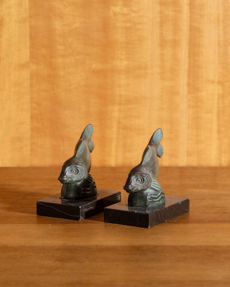 Art Deco Bronze & Marble Fish Bookends, France, 1930's - Lone Fox