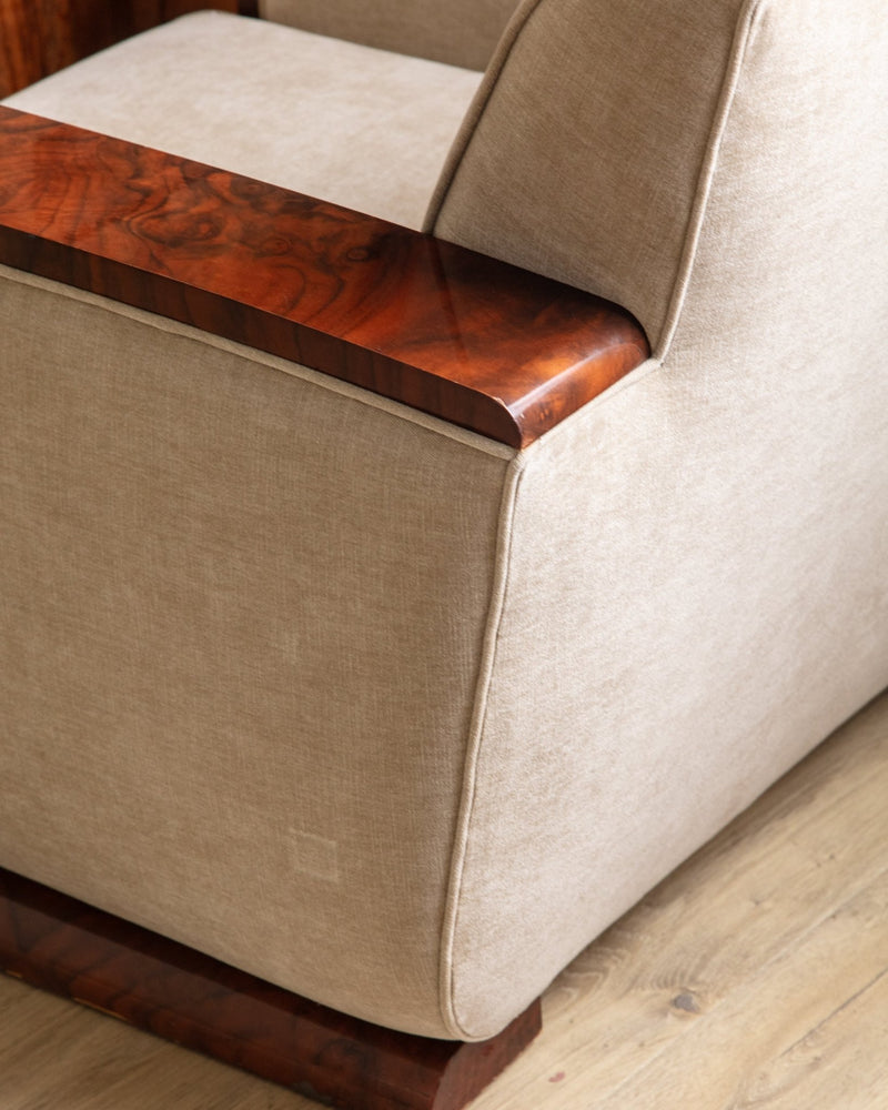 Art Deco Burled Walnut & Butter Chenille Armchairs, France, 1950's (2 Available) - Lone Fox