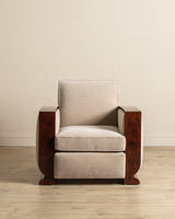 Art Deco Burled Walnut & Butter Chenille Armchairs, France, 1950's (2 Available) - Lone Fox