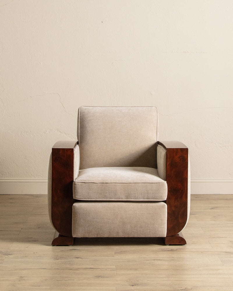 Art Deco Burled Walnut & Butter Chenille Armchairs, France, 1950's (2 Available) - Lone Fox