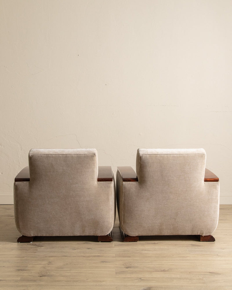 Art Deco Burled Walnut & Butter Chenille Armchairs, France, 1950's (2 Available) - Lone Fox