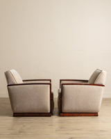 Art Deco Burled Walnut & Butter Chenille Armchairs, France, 1950's (2 Available) - Lone Fox