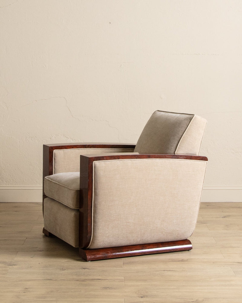 Art Deco Burled Walnut & Butter Chenille Armchairs, France, 1950's (2 Available) - Lone Fox