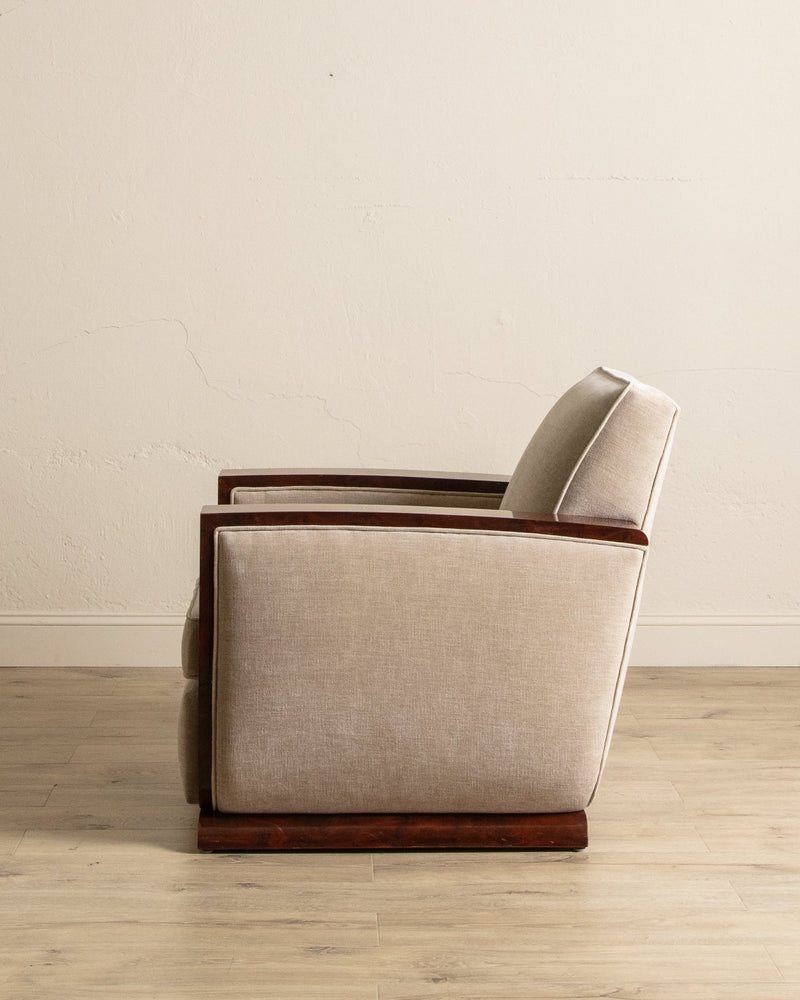Art Deco Burled Walnut & Butter Chenille Armchairs, France, 1950's (2 Available) - Lone Fox
