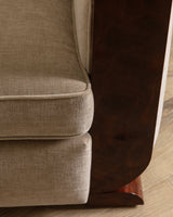 Art Deco Burled Walnut & Butter Chenille Armchairs, France, 1950's (2 Available) - Lone Fox