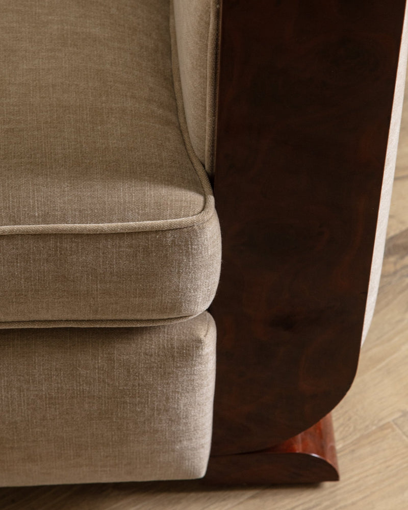 Art Deco Burled Walnut & Butter Chenille Armchairs, France, 1950's (2 Available) - Lone Fox