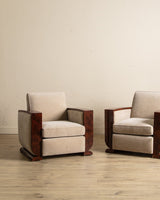 Art Deco Burled Walnut & Butter Chenille Armchairs, France, 1950's (2 Available) - Lone Fox