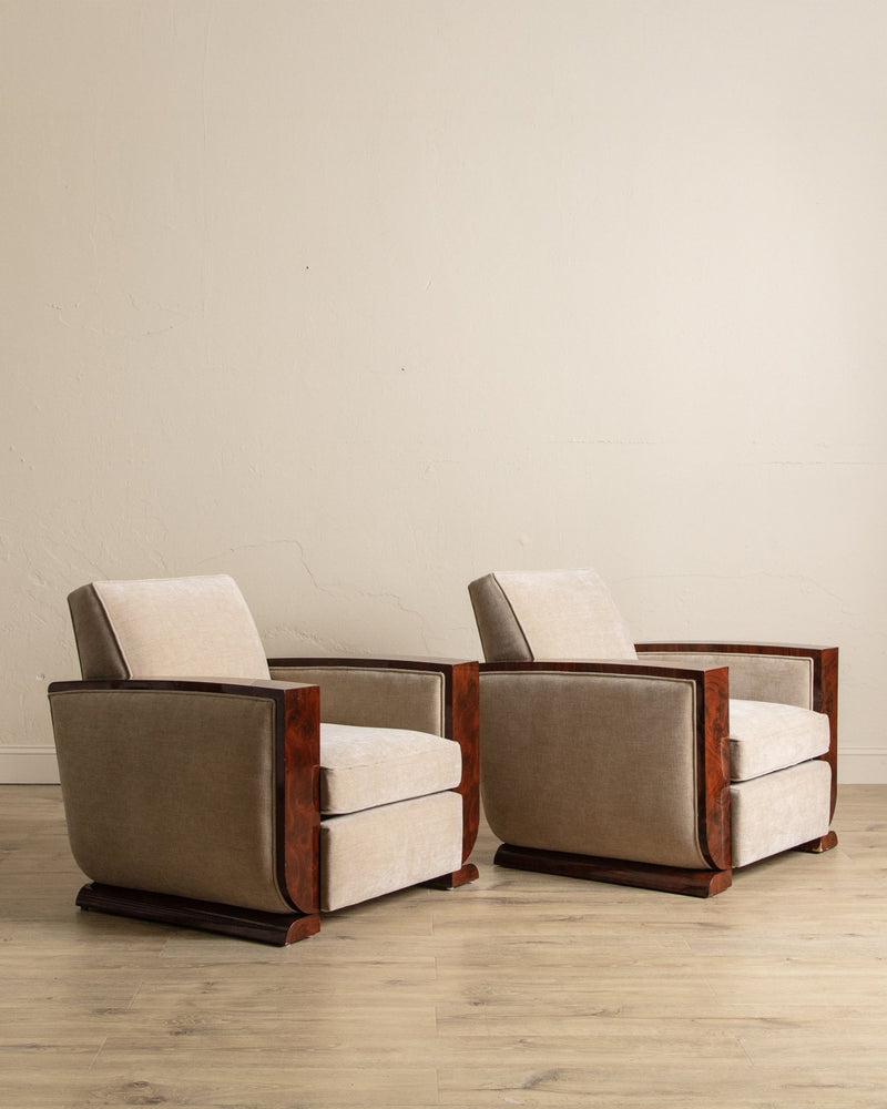 Art Deco Burled Walnut & Butter Chenille Armchairs, France, 1950's (2 Available) - Lone Fox