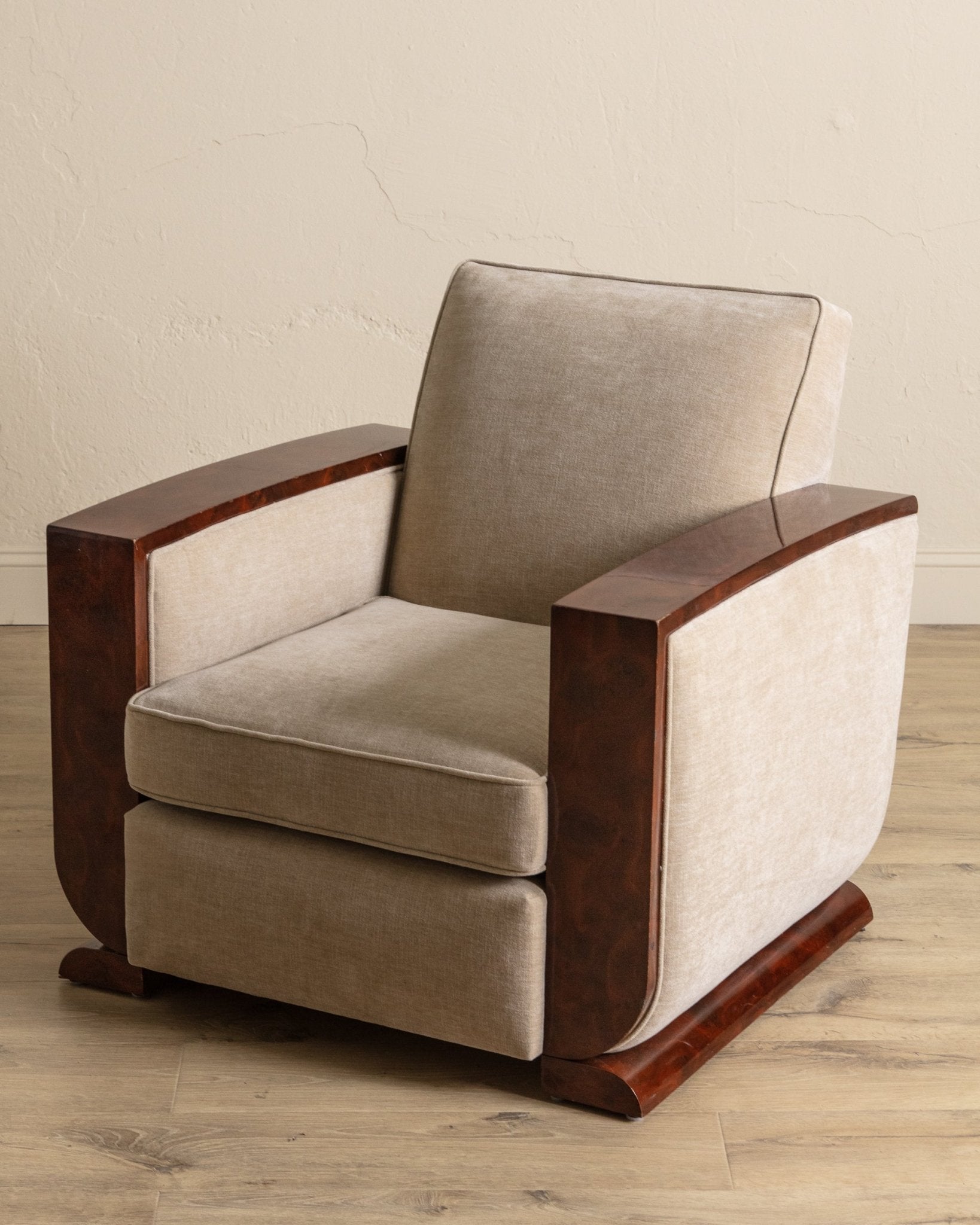 Art Deco Burled Walnut & Butter Chenille Armchairs, France, 1950's (2 Available) - Lone Fox