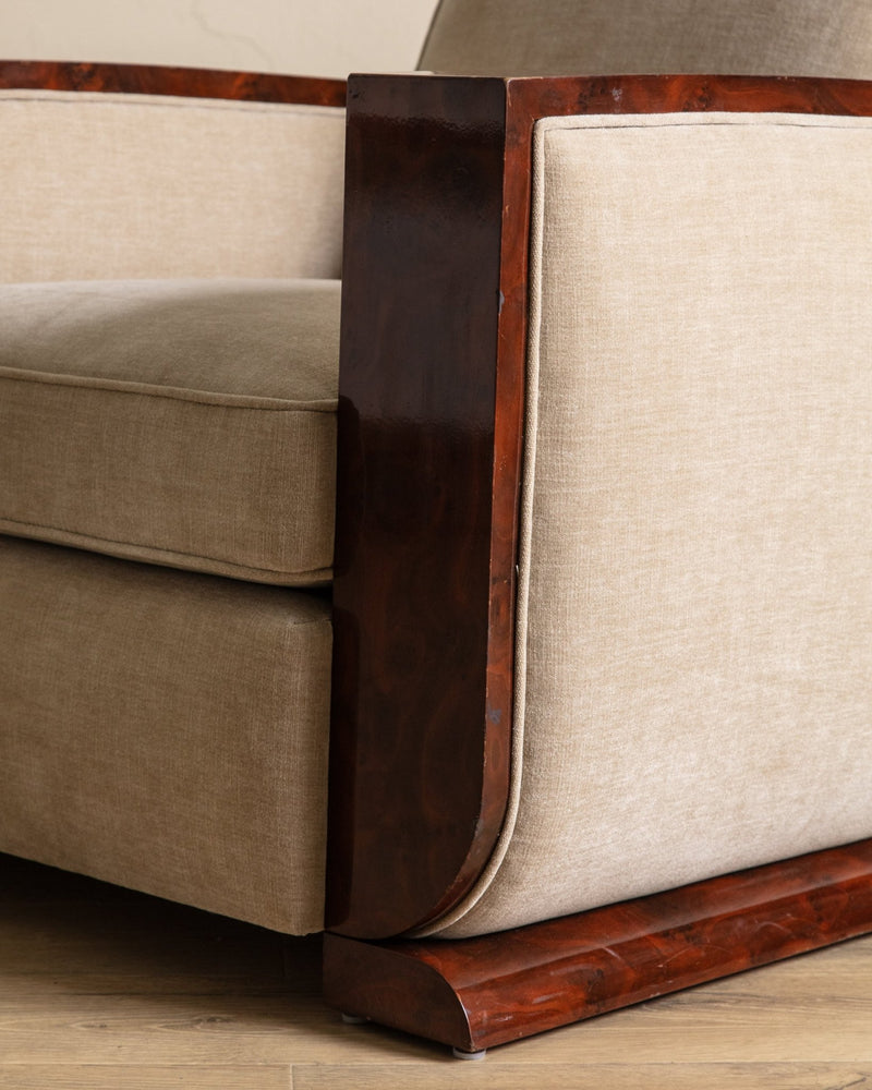 Art Deco Burled Walnut & Butter Chenille Armchairs, France, 1950's (2 Available) - Lone Fox