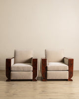 Art Deco Burled Walnut & Butter Chenille Armchairs, France, 1950's (2 Available) - Lone Fox