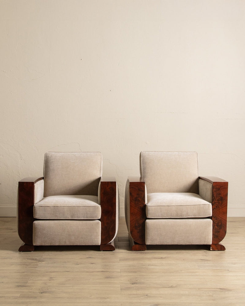 Art Deco Burled Walnut & Butter Chenille Armchairs, France, 1950's (2 Available) - Lone Fox