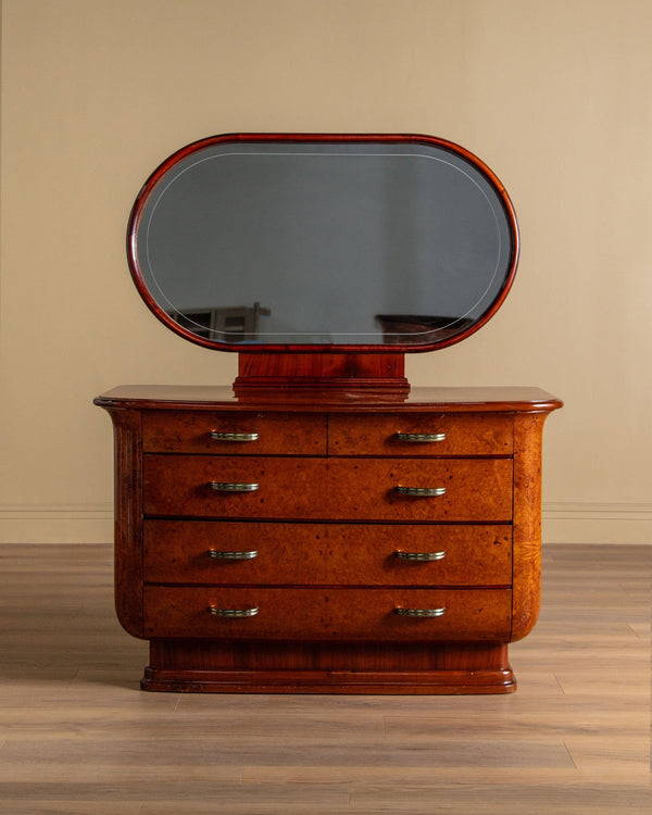 Art Deco Burlwood Chest w/ Mirror, Manner of Osvaldo Borsani, Italy, 1940's - Lone Fox