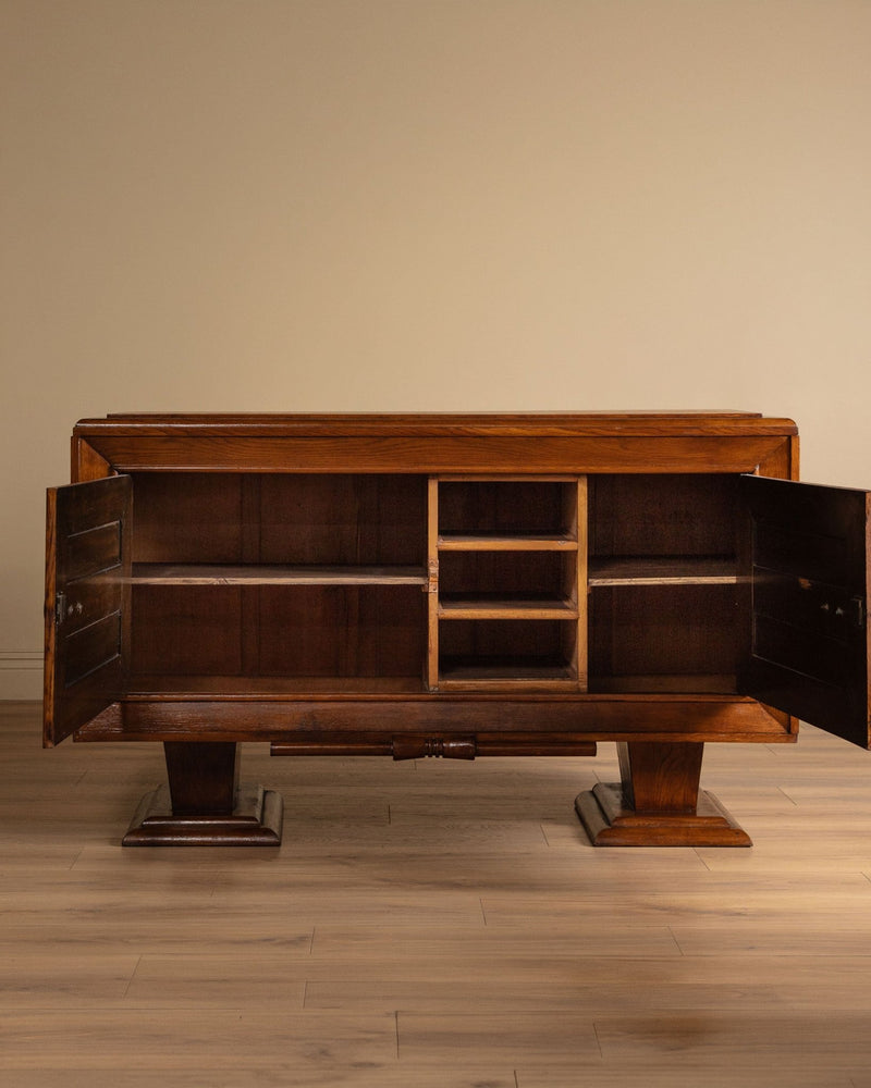 Art Deco Carved Oak Sideboard on Pedestal Base, France, 1940's