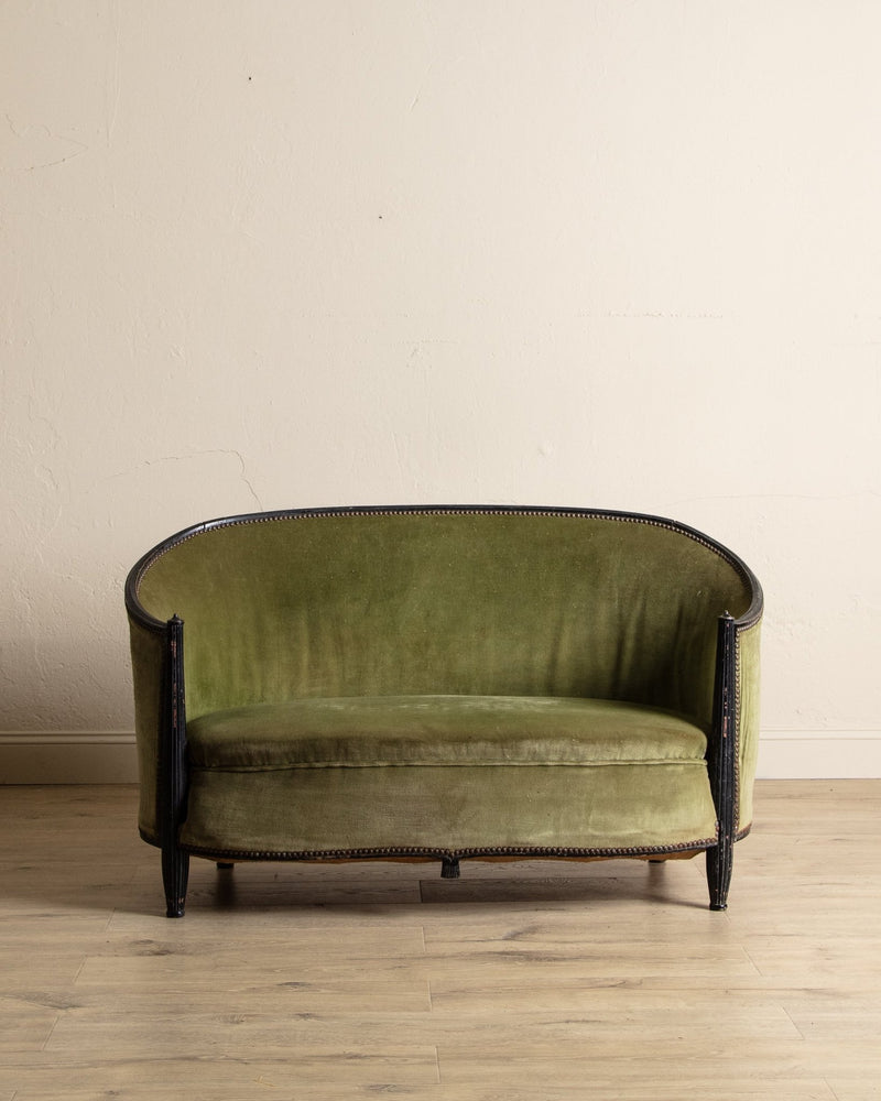 Art Deco Green Velvet Barrel - Back Settee, France, 1940's - Lone Fox
