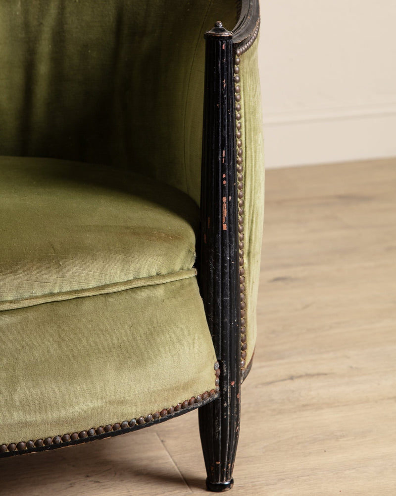 Art Deco Green Velvet Barrel - Back Settee, France, 1940's - Lone Fox