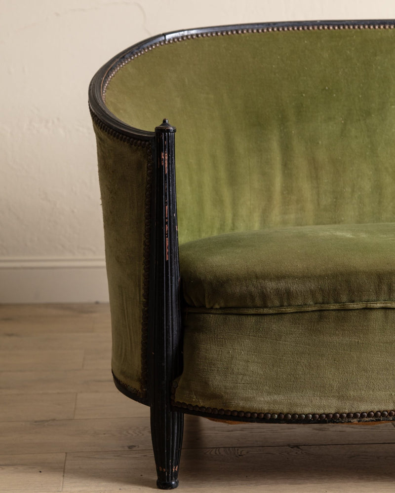 Art Deco Green Velvet Barrel - Back Settee, France, 1940's - Lone Fox