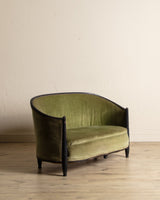 Art Deco Green Velvet Barrel - Back Settee, France, 1940's - Lone Fox