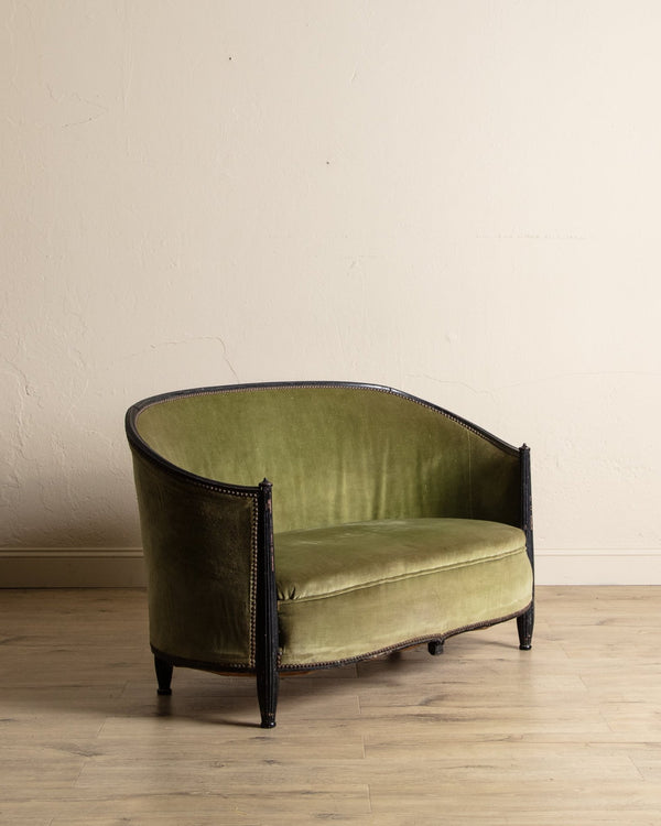 Art Deco Green Velvet Barrel - Back Settee, France, 1940's - Lone Fox