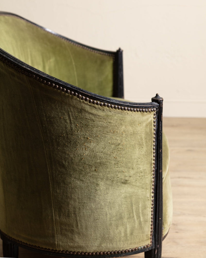 Art Deco Green Velvet Barrel - Back Settee, France, 1940's - Lone Fox