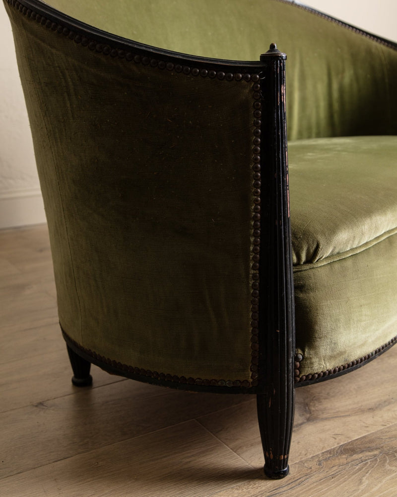 Art Deco Green Velvet Barrel - Back Settee, France, 1940's - Lone Fox