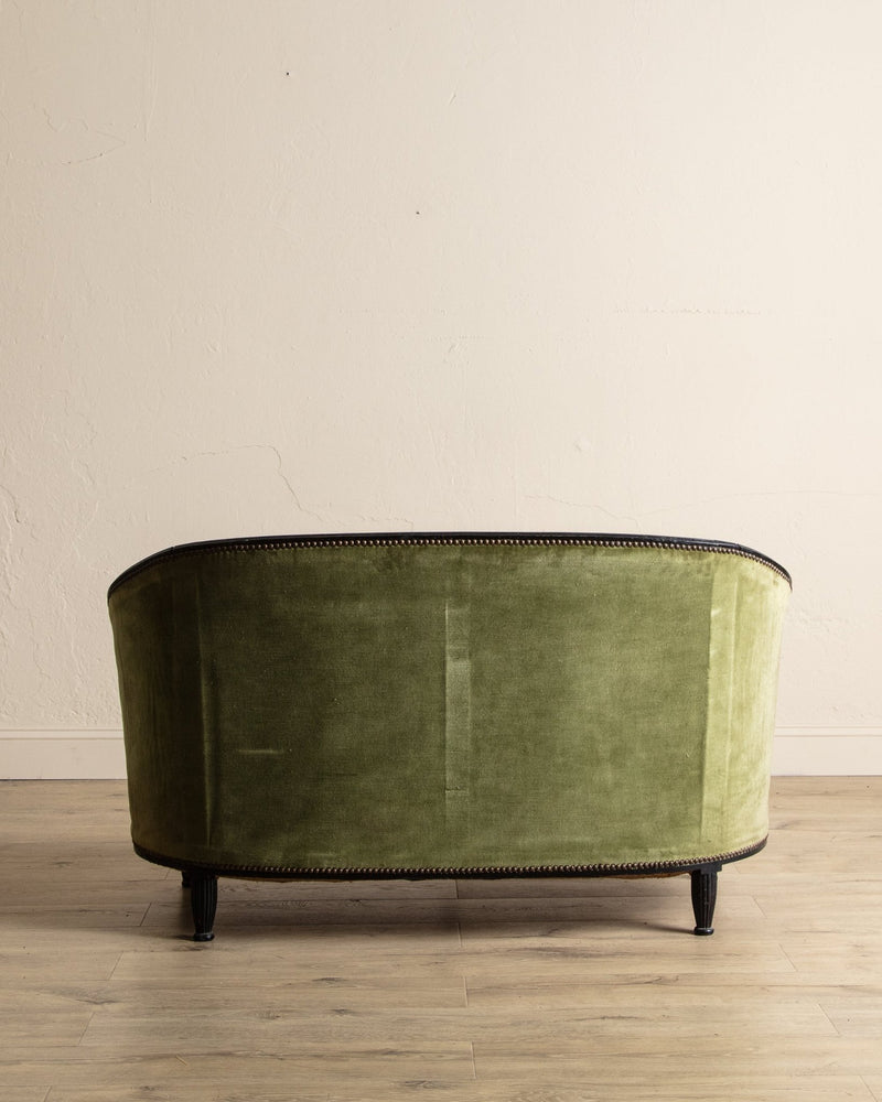 Art Deco Green Velvet Barrel - Back Settee, France, 1940's - Lone Fox