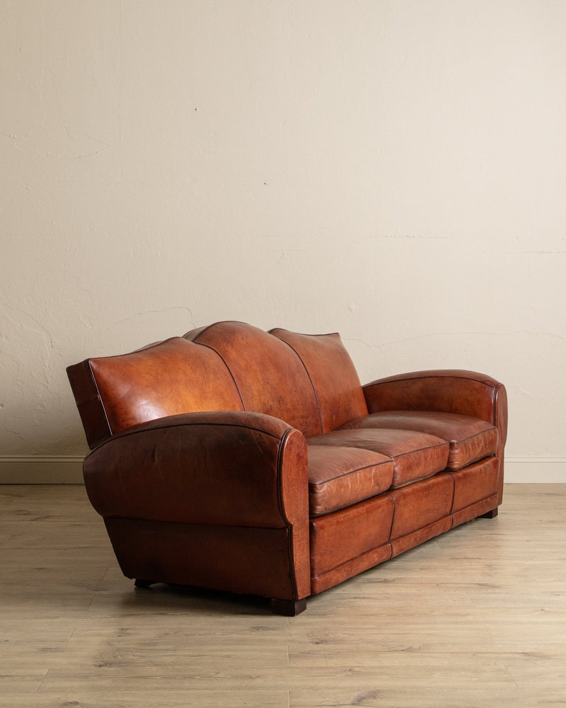 Art Deco Leather Mustache Back Sofa, France, 1930's - Lone Fox