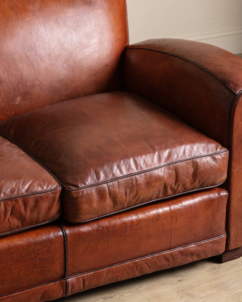 Art Deco Leather Mustache Back Sofa, France, 1930's - Lone Fox