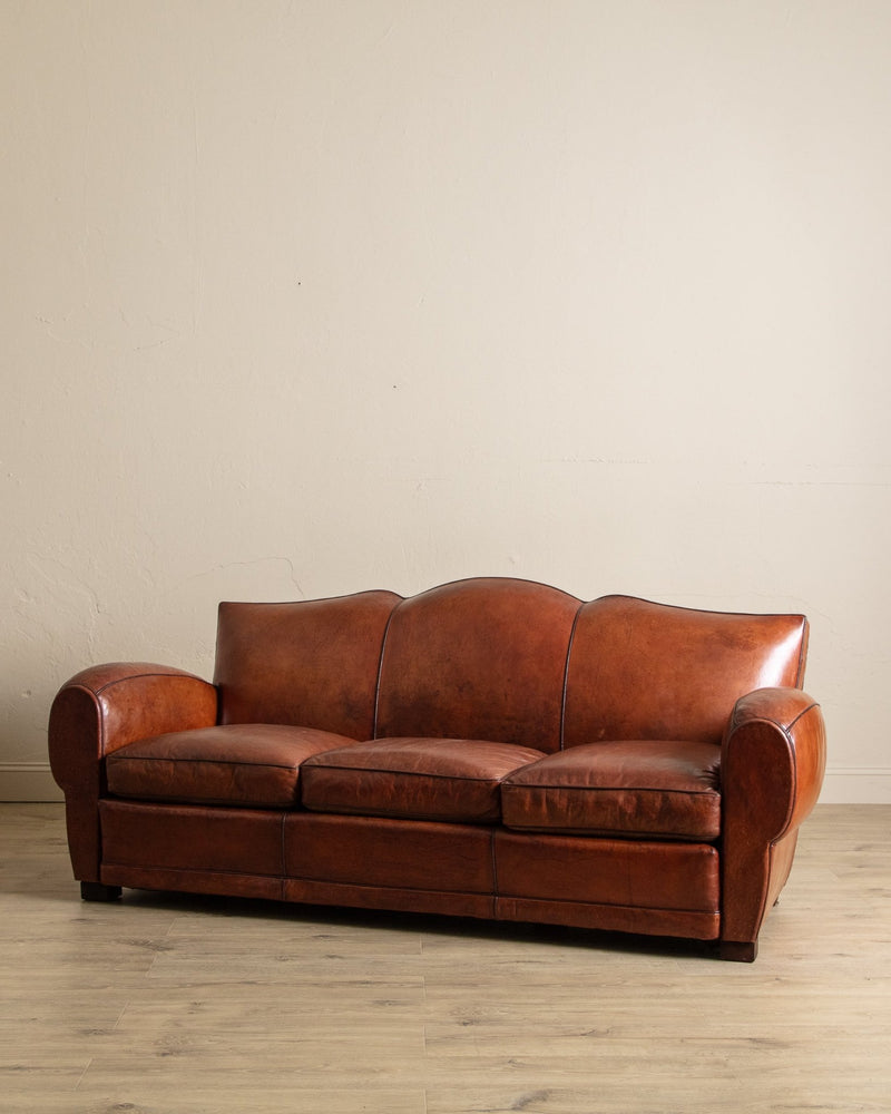 Art Deco Leather Mustache Back Sofa, France, 1930's - Lone Fox