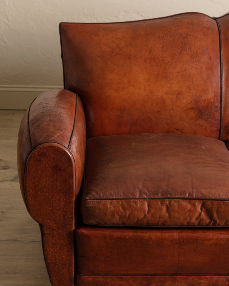 Art Deco Leather Mustache Back Sofa, France, 1930's - Lone Fox