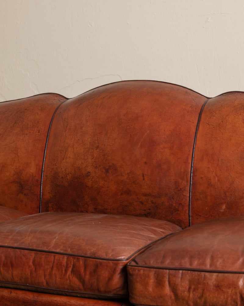 Art Deco Leather Mustache Back Sofa, France, 1930's - Lone Fox