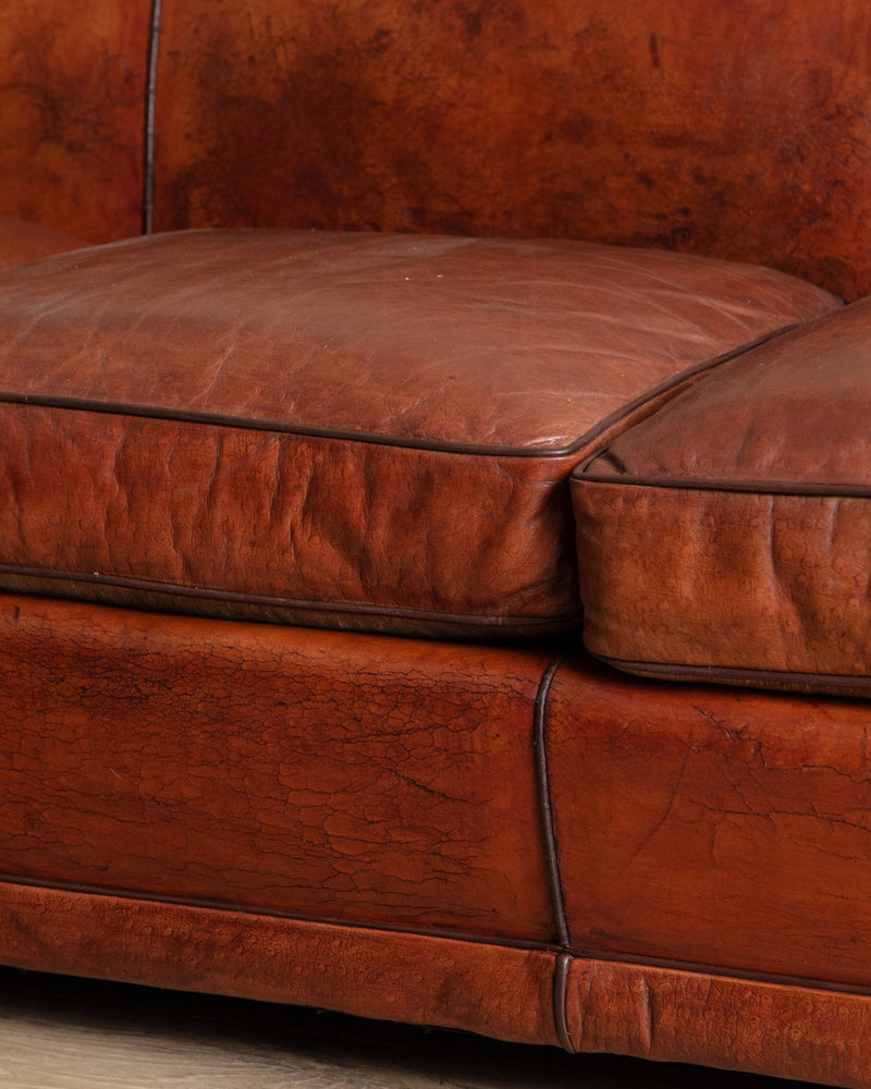 Art Deco Leather Mustache Back Sofa, France, 1930's - Lone Fox