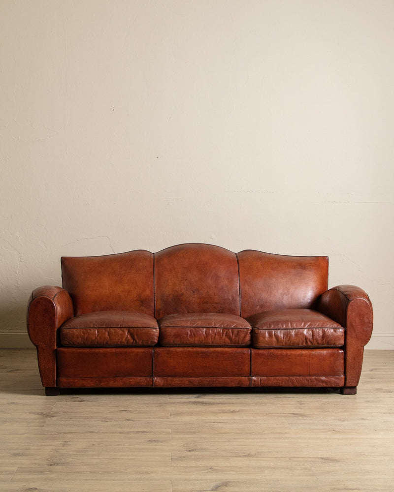Art Deco Leather Mustache Back Sofa, France, 1930's - Lone Fox