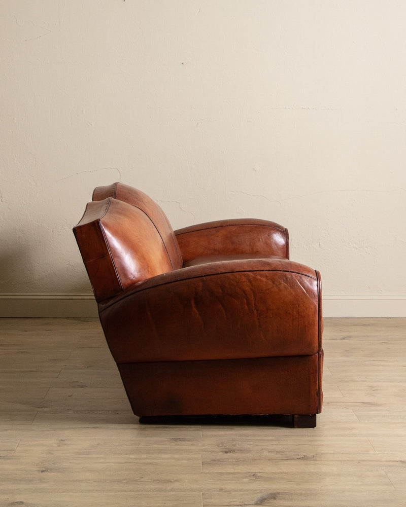 Art Deco Leather Mustache Back Sofa, France, 1930's - Lone Fox