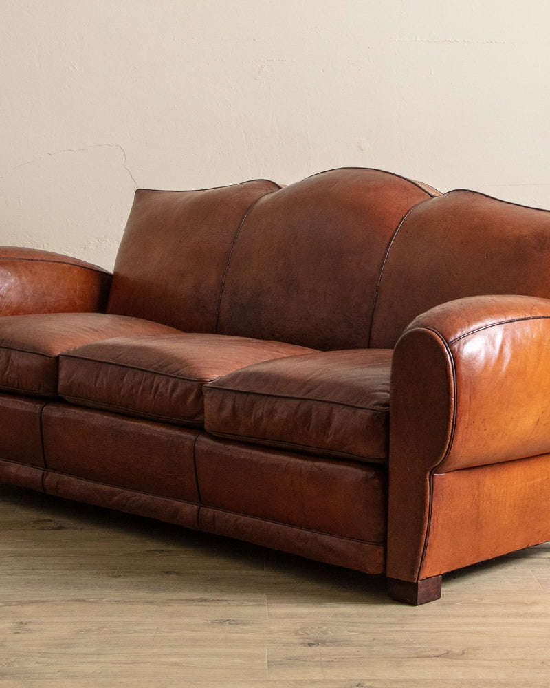 Art Deco Leather Mustache Back Sofa, France, 1930's - Lone Fox