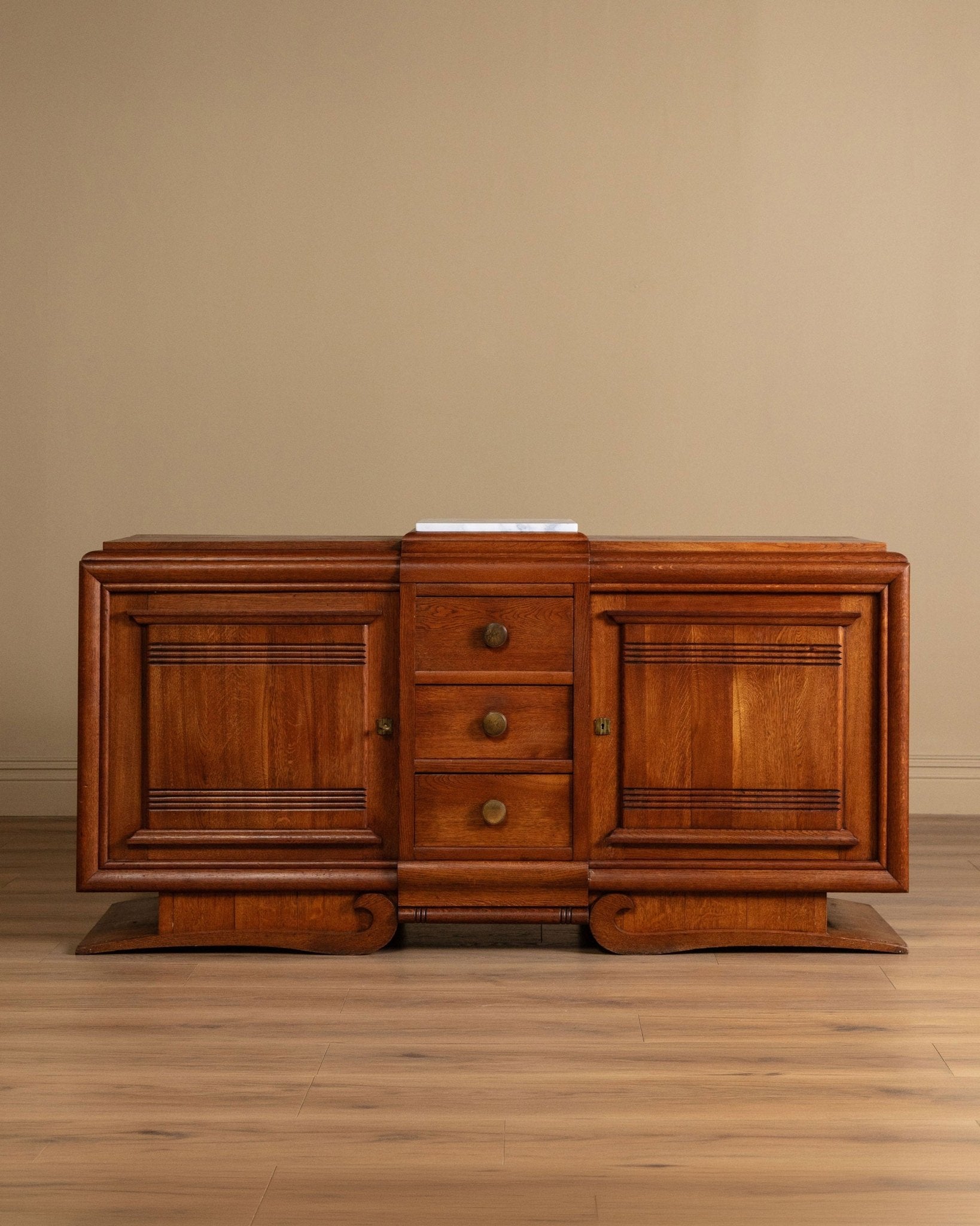 Art Deco Oak & Marble Sideboard w/ Brass Fittings, France, 1940's - Lone Fox