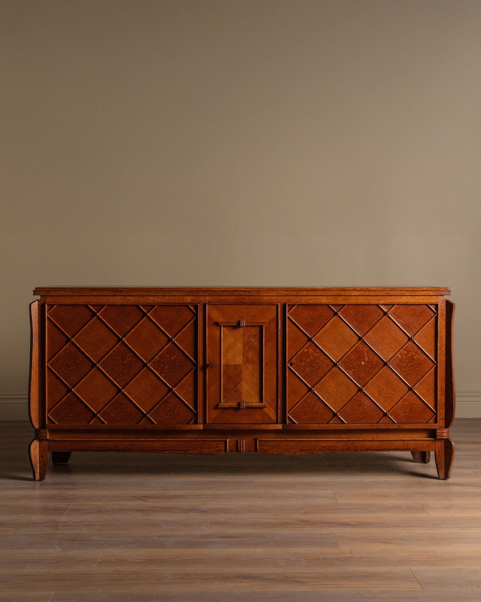 Art Deco Oak Sideboard w/ Crosshatch, Manner of Jean Royere, France, 1945 - Lone Fox