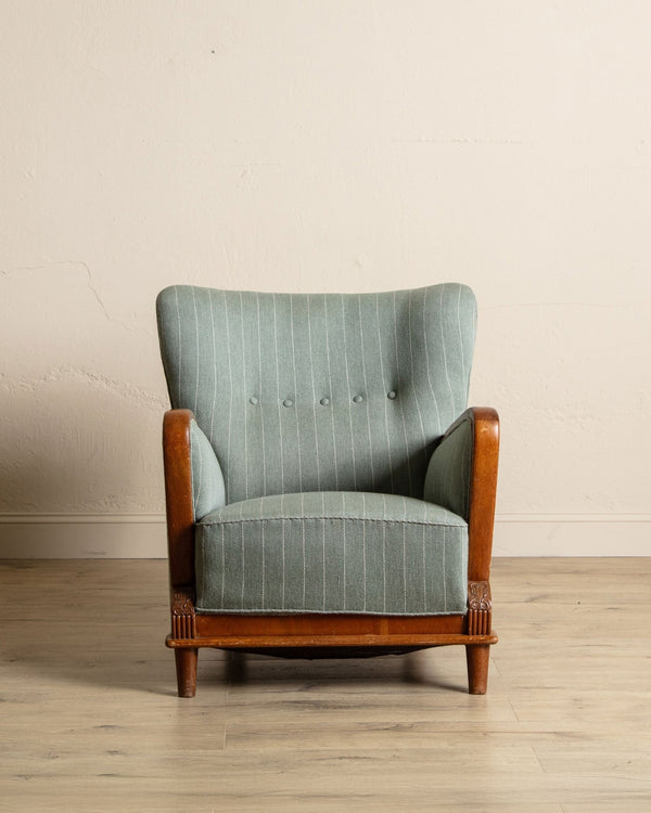 Art Deco Oak & Wool Striped Lounge Chair, Sweden, 1940's - Lone Fox