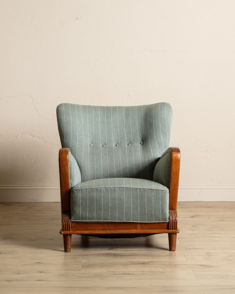 Art Deco Oak & Wool Striped Lounge Chair, Sweden, 1940's - Lone Fox