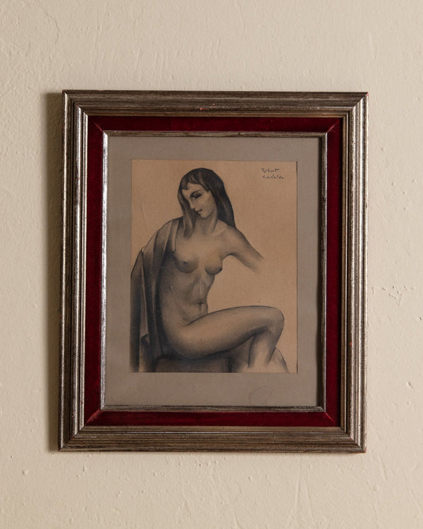 Art Deco Pencil Sketch by Robert van de Velde, Belgium, 1950's - Lone Fox