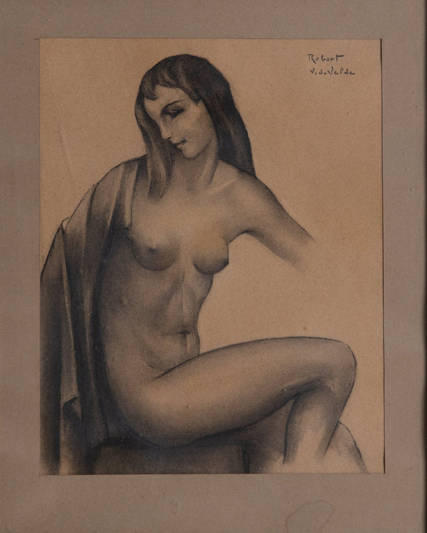 Art Deco Pencil Sketch by Robert van de Velde, Belgium, 1950's - Lone Fox