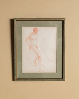 Art Deco Red Pencil Woman Study with Pistachio Mat, France, 1930s - Lone Fox