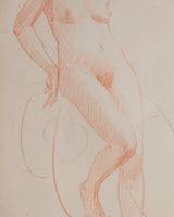 Art Deco Red Pencil Woman Study with Pistachio Mat, France, 1930s - Lone Fox