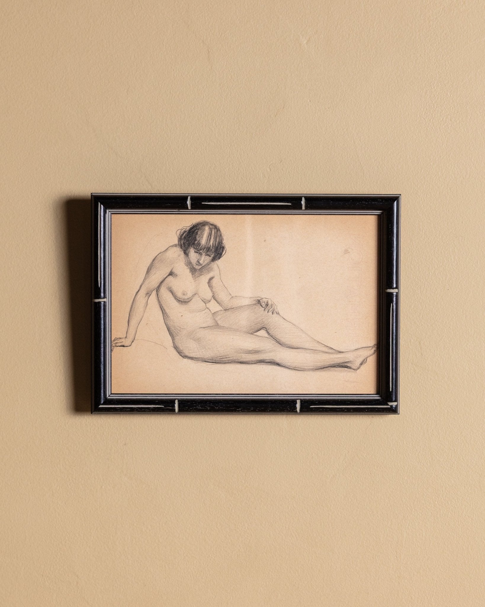 Art Deco Seated Nude Pencil Sketch in Black Deco Frame - Lone Fox