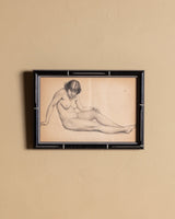 Art Deco Seated Nude Pencil Sketch in Black Deco Frame - Lone Fox