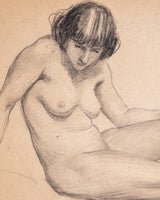 Art Deco Seated Nude Pencil Sketch in Black Deco Frame - Lone Fox
