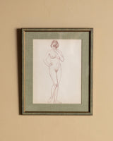 Art Deco Standing Woman Pencil Sketch with Pistachio Mat, France, 1930s - Lone Fox