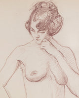 Art Deco Standing Woman Pencil Sketch with Pistachio Mat, France, 1930s - Lone Fox